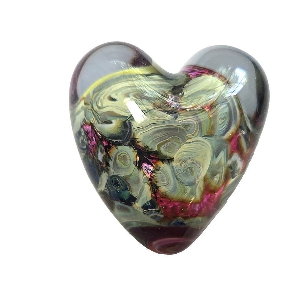 Robert Eickholt Heart Shaped Blown Glass Paperweight Green Purple Signed Vintag